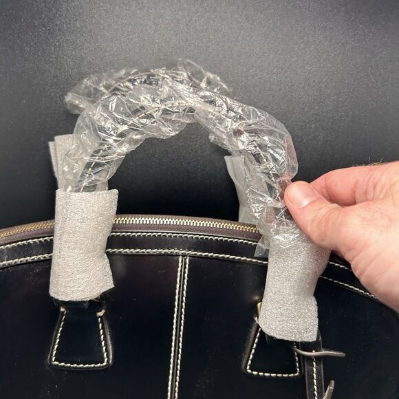 New Dooney Bourke Domed Satchel Bag Womens Black Geniue Leather Linen Blend Line - Picture 4 of 8